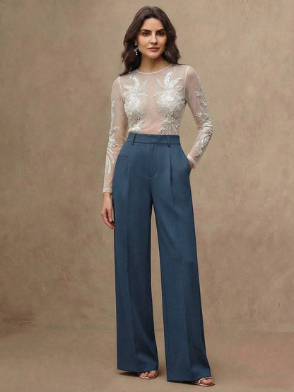 Women's Belted Straight Leg Suit Trousers, Stretch Dress Pants for Work Office - Royal Blue