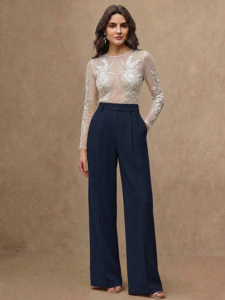 Women's Belted Straight Leg Suit Trousers, Stretch Dress Pants for Work Office - Black