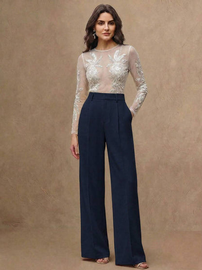 Women's Belted Straight Leg Suit Trousers, Stretch Dress Pants for Work Office - Black