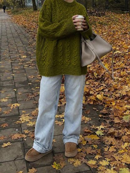 Solenne Oversized Chunky Cable Knit Sweater with Drop Shoulders - Olive