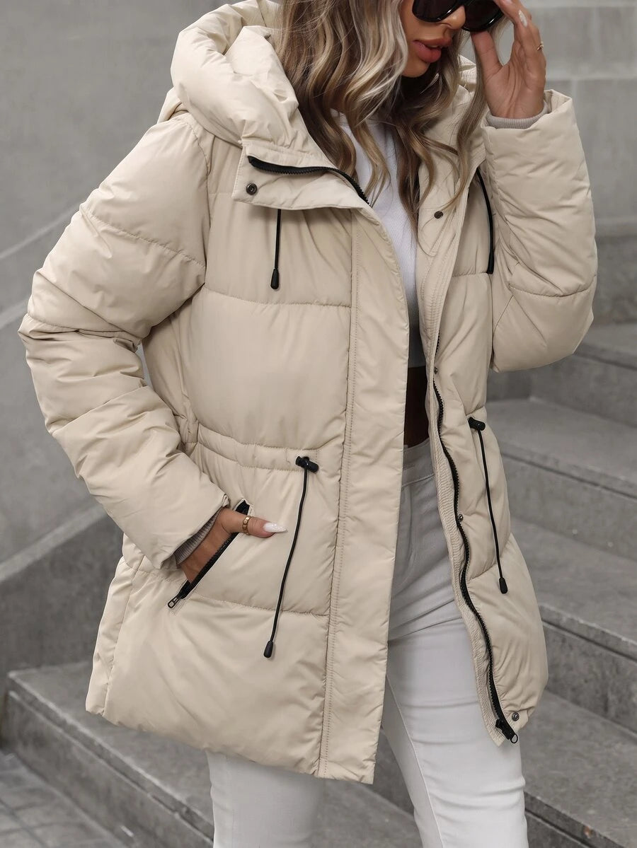 Anouk Quilted Mid Length Puffer Coat with Hood and Cinched Waist - Cream