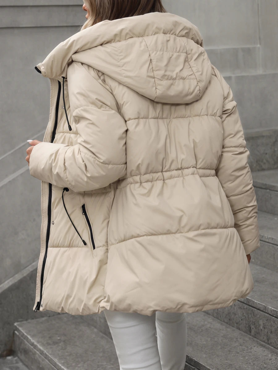 Anouk Quilted Mid Length Puffer Coat with Hood and Cinched Waist - Cream