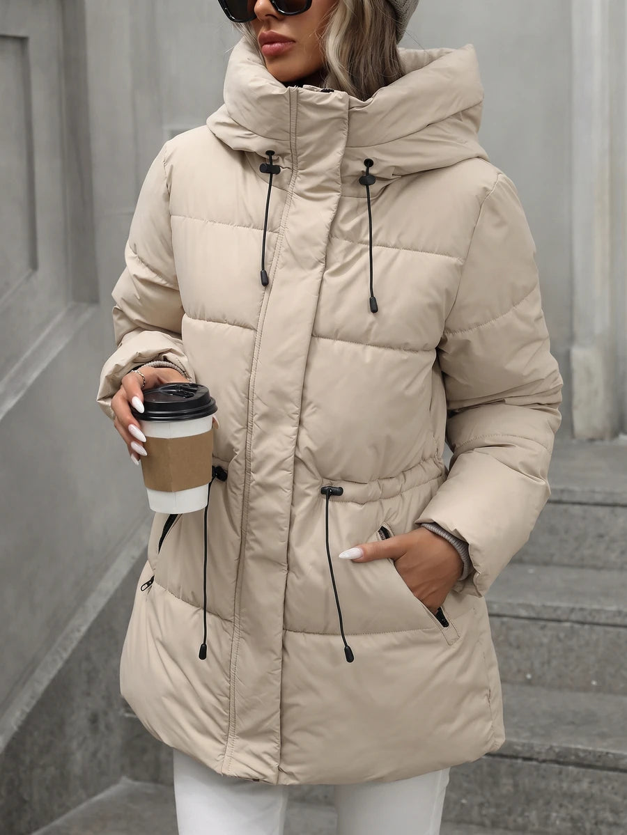 Anouk Quilted Mid Length Puffer Coat with Hood and Cinched Waist - Cream