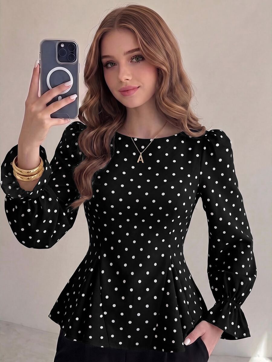 Piper Polka Dot Pleated Flare Sleeve Round Neck Shirt - Black