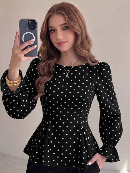 Piper Polka Dot Pleated Flare Sleeve Round Neck Shirt - Black