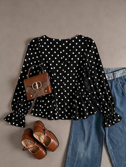 Piper Polka Dot Pleated Flare Sleeve Round Neck Shirt - Black