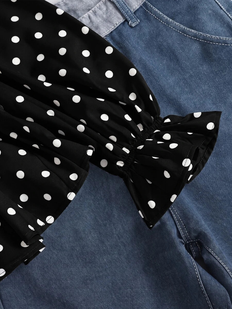 Piper Polka Dot Pleated Flare Sleeve Round Neck Shirt - Black