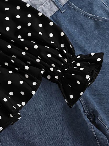Piper Polka Dot Pleated Flare Sleeve Round Neck Shirt - Black