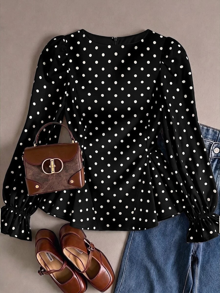 Piper Polka Dot Pleated Flare Sleeve Round Neck Shirt - Black