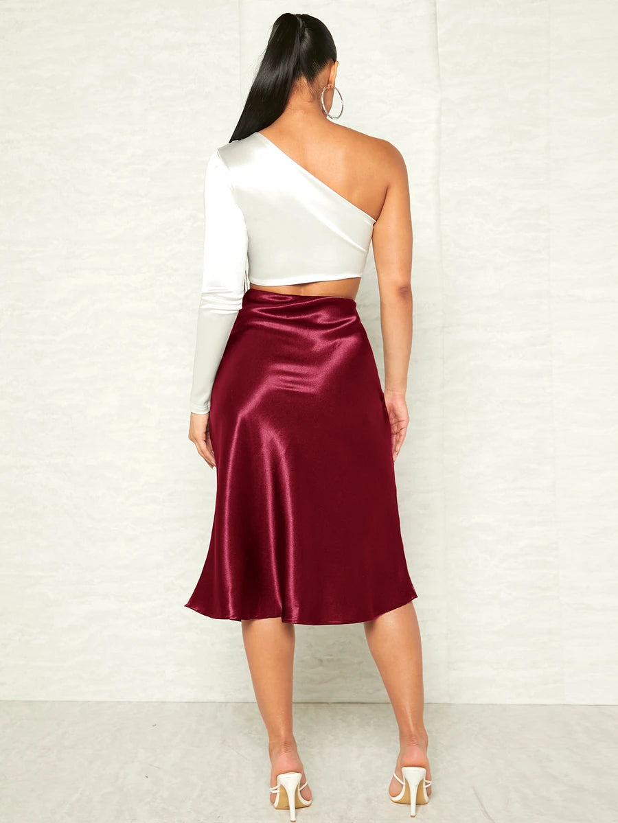 Women's Satin Midi Skirt, Side Zip Silky A-Line Skirt for Evening and Wedding Guest - Army Green