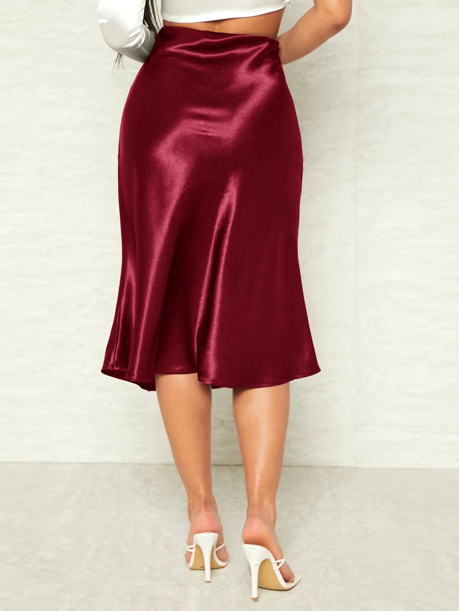 Women's Satin Midi Skirt, Side Zip Silky A-Line Skirt for Evening and Wedding Guest - Navy Blue