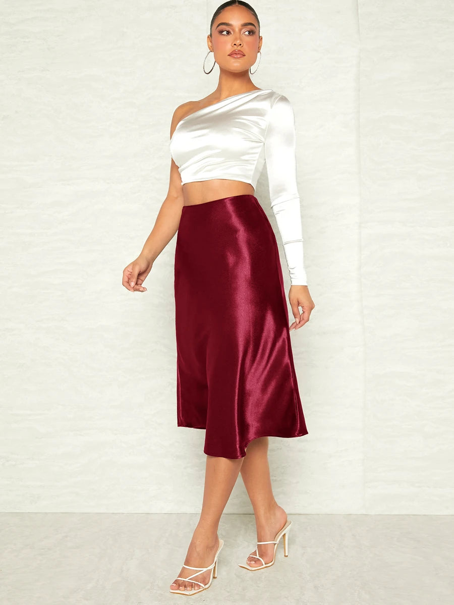 Women's Satin Midi Skirt, Side Zip Silky A-Line Skirt for Evening and Wedding Guest - Burgundy