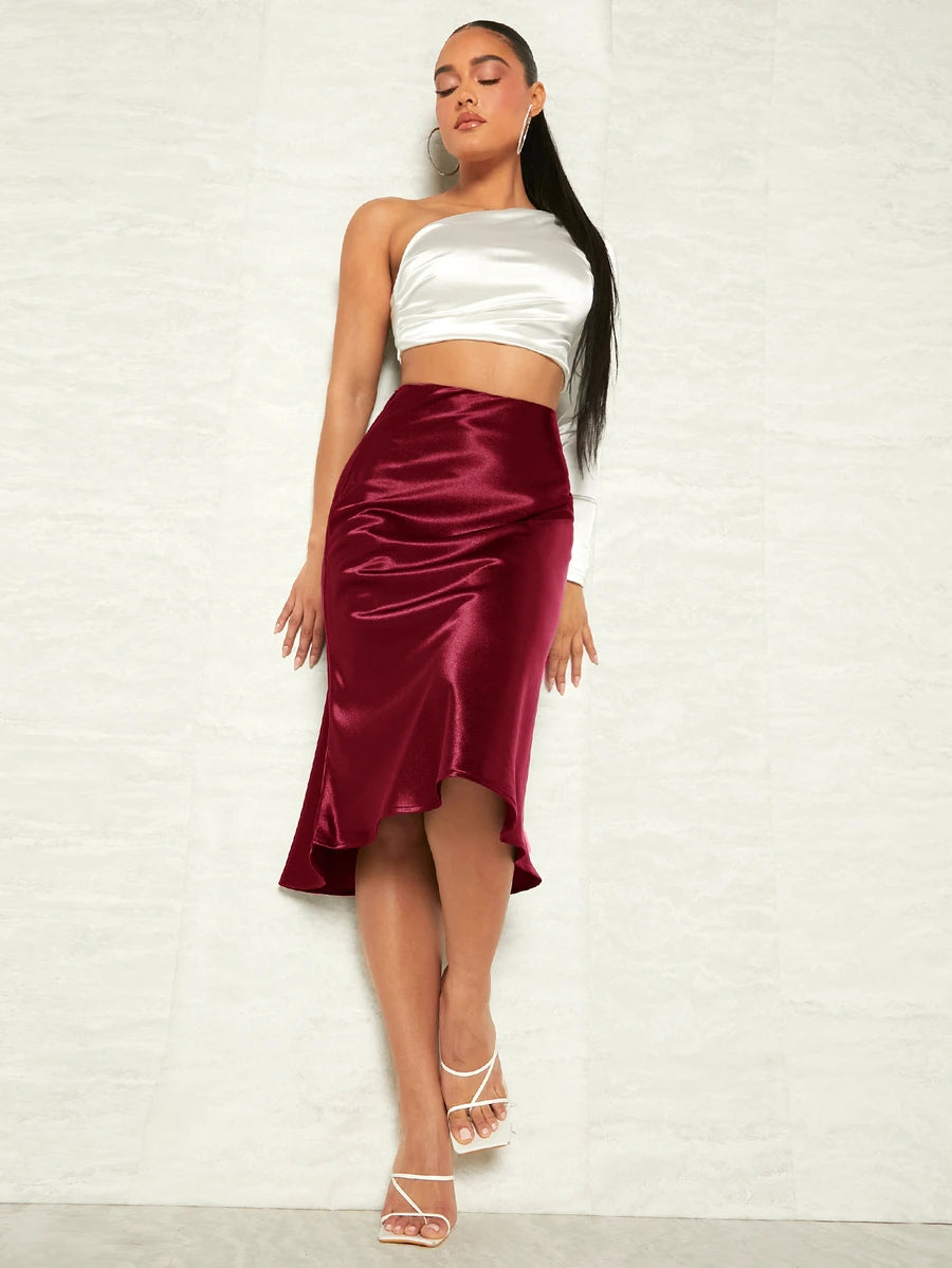 Women's Satin Midi Skirt, Side Zip Silky A-Line Skirt for Evening and Wedding Guest - Black
