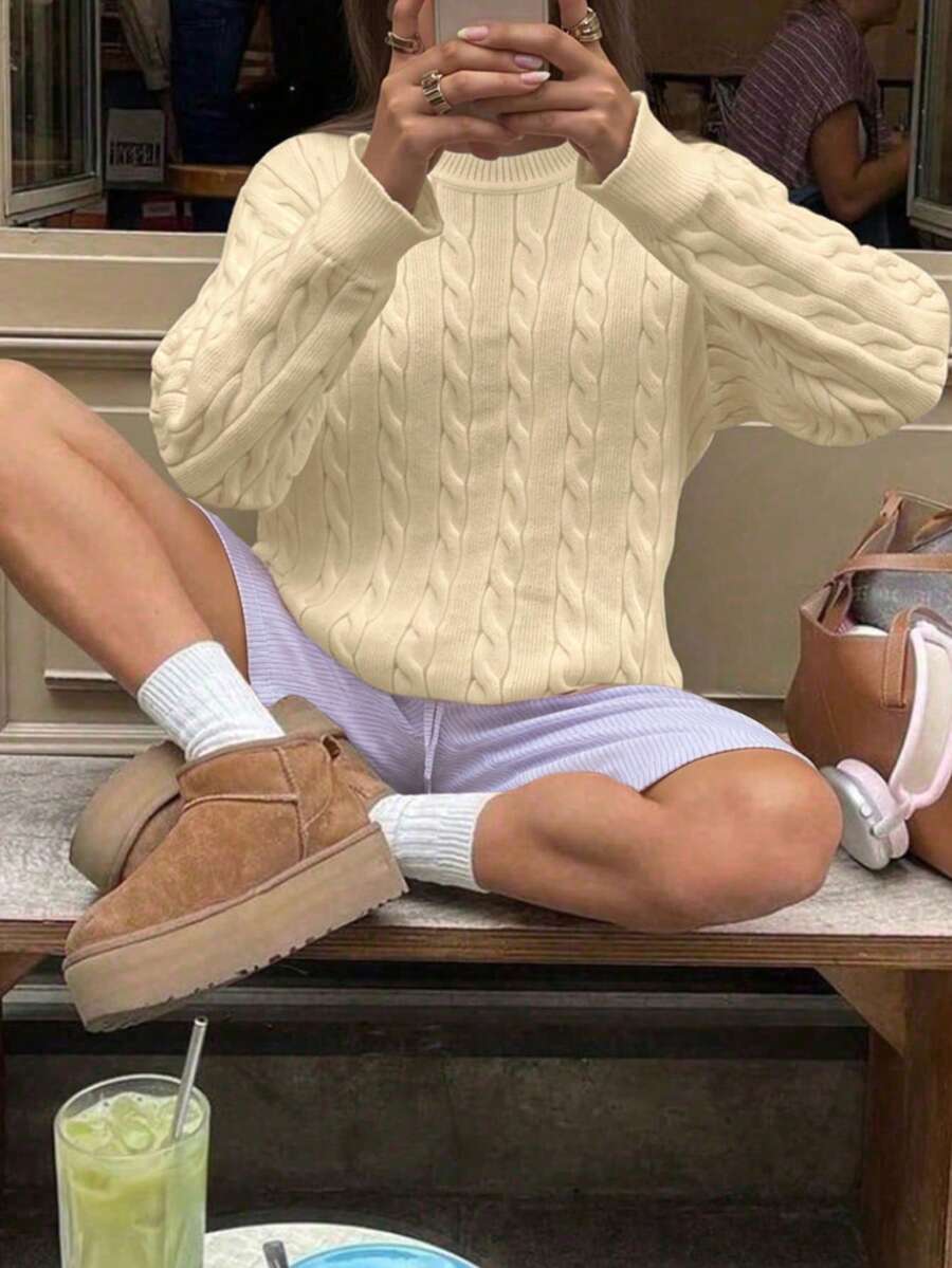 Marlowe Chunky Cable Knit Sweater Loose Crew Neck Pullover - Cream