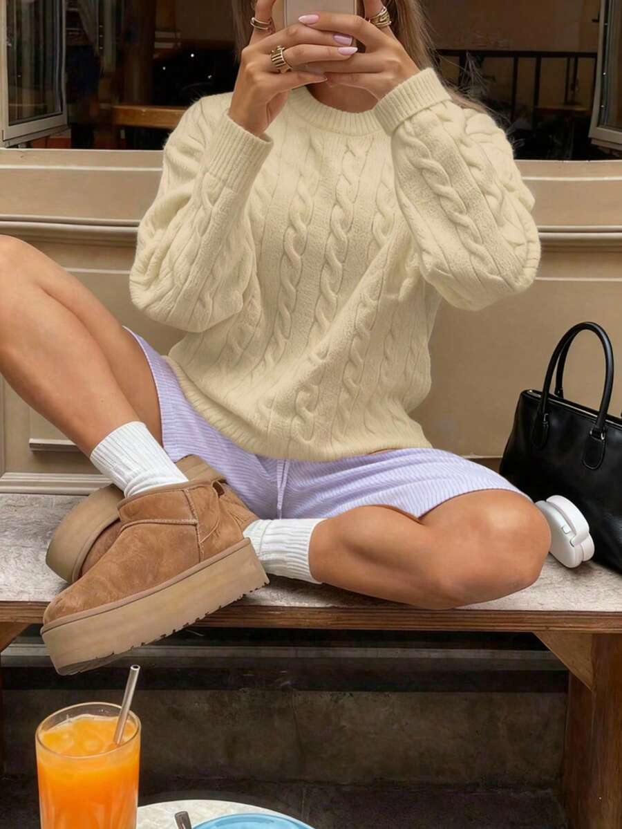 Marlowe Chunky Cable Knit Sweater Loose Crew Neck Pullover - Cream