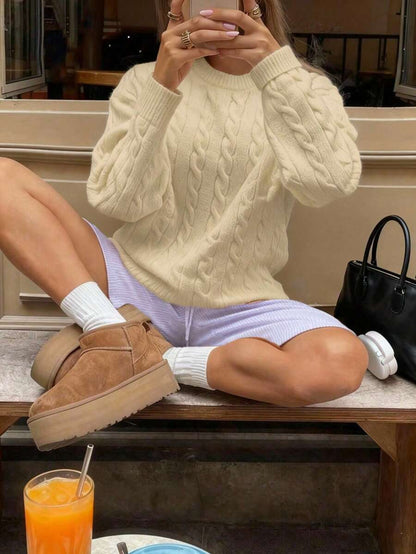 Marlowe Chunky Cable Knit Sweater Loose Crew Neck Pullover - Cream