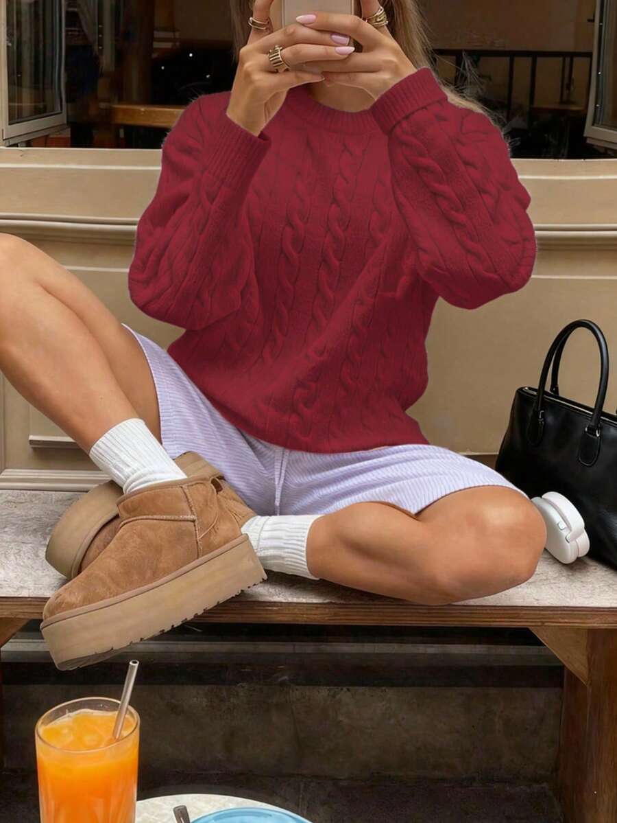 Marlowe Chunky Cable Knit Sweater Loose Crew Neck Pullover - Cherry Red