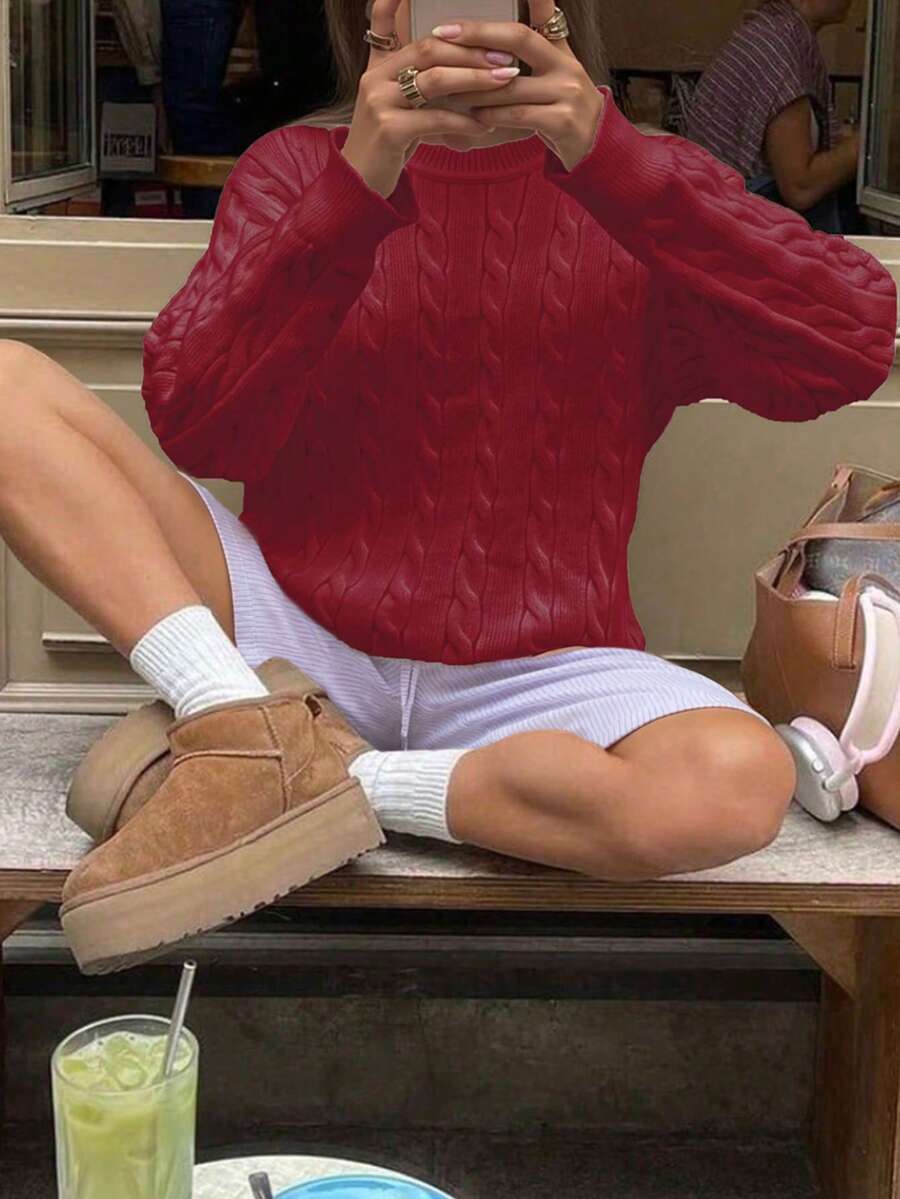Marlowe Chunky Cable Knit Sweater Loose Crew Neck Pullover - Cherry Red