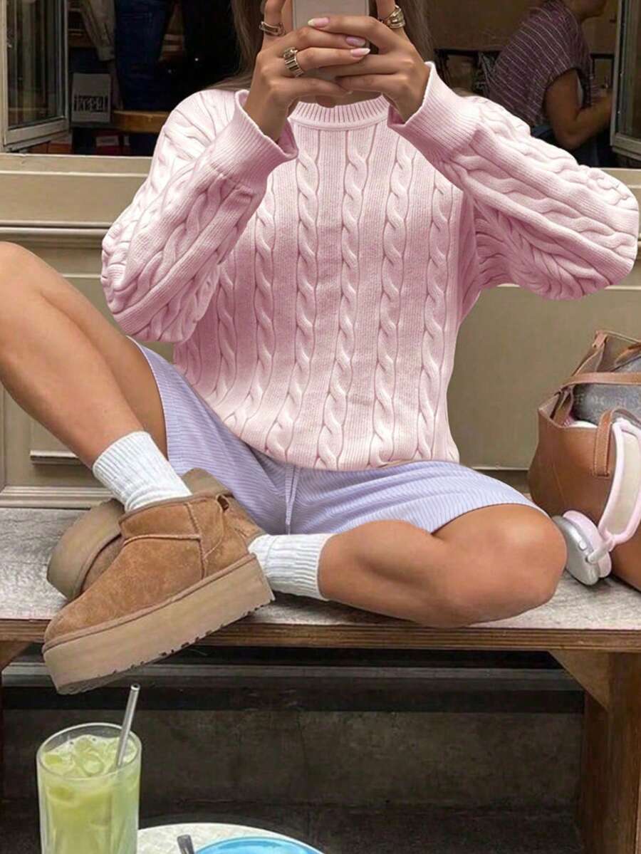 Marlowe Chunky Cable Knit Sweater Loose Crew Neck Pullover - Baby Pink