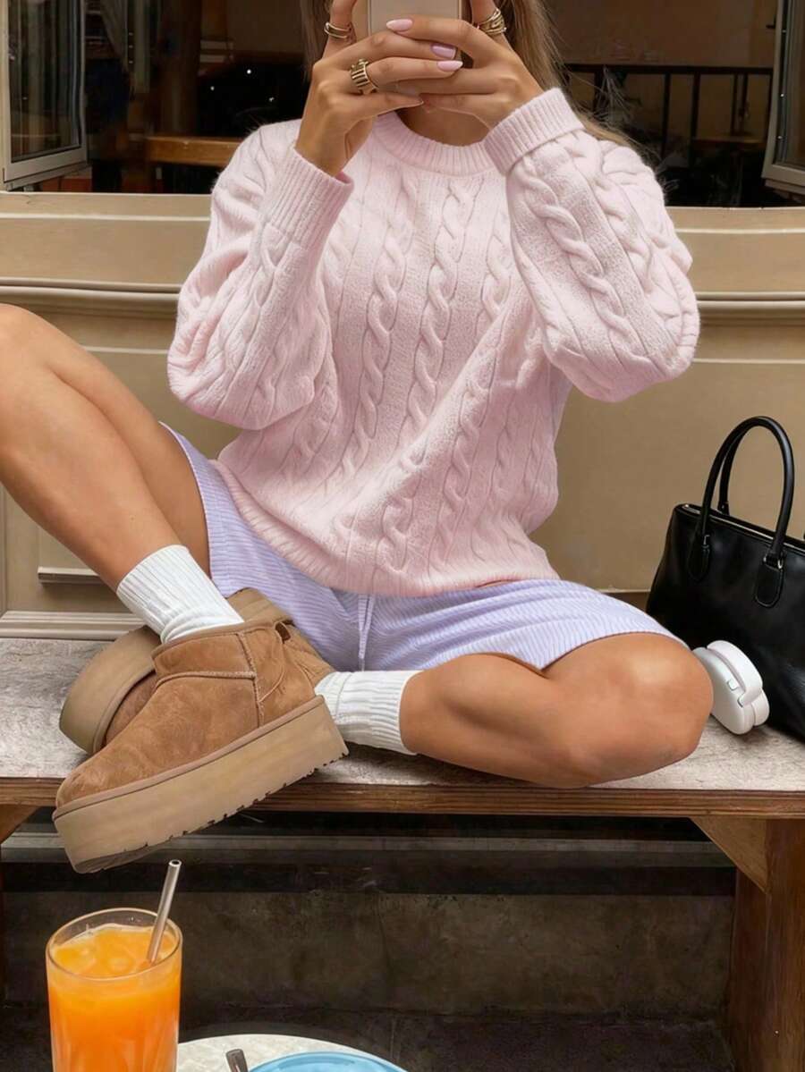 Marlowe Chunky Cable Knit Sweater Loose Crew Neck Pullover - Baby Pink