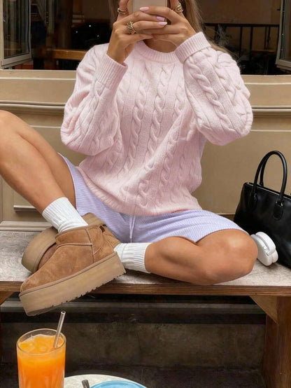 Marlowe Chunky Cable Knit Sweater Loose Crew Neck Pullover - Baby Pink