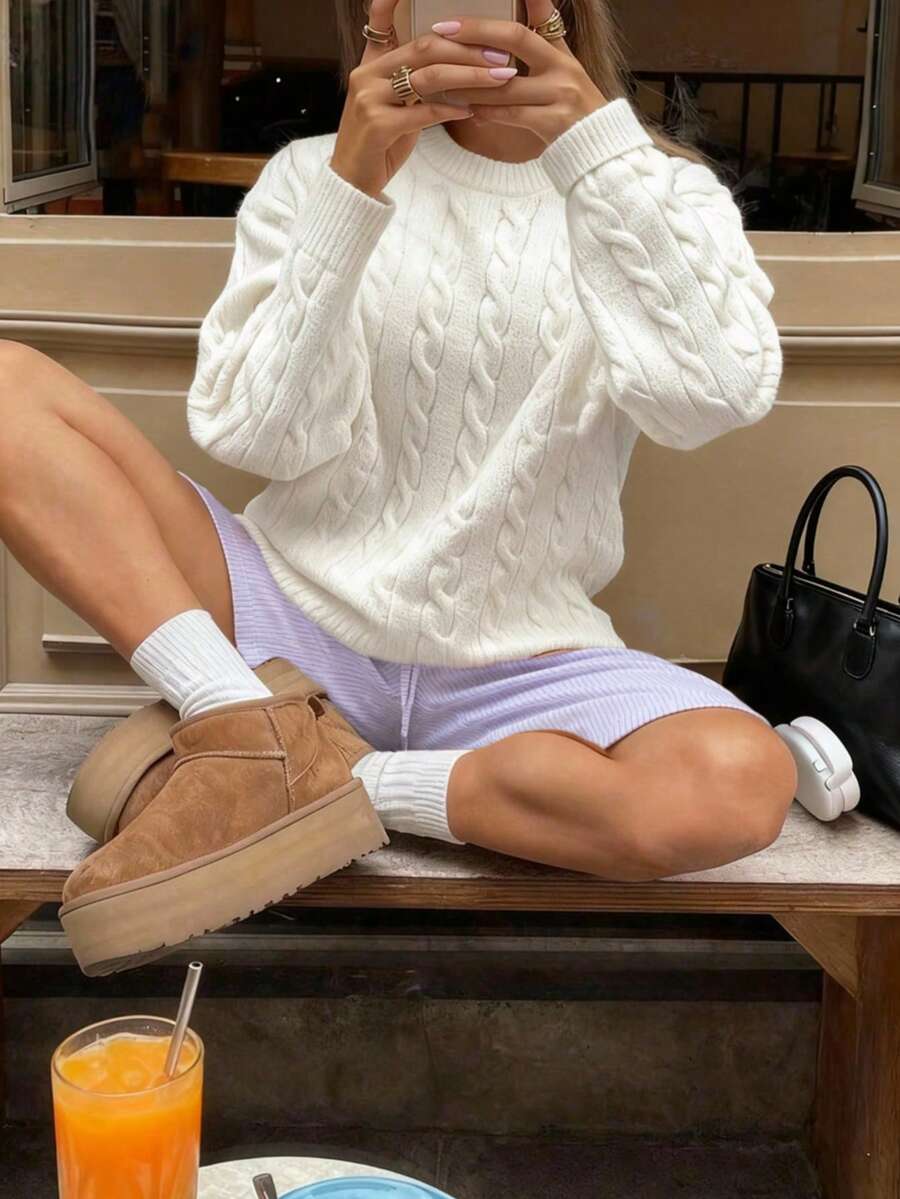 Marlowe Chunky Cable Knit Sweater Loose Crew Neck Pullover - Ivory
