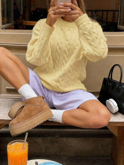 Marlowe Chunky Cable Knit Sweater Loose Crew Neck Pullover - Butter Yellow