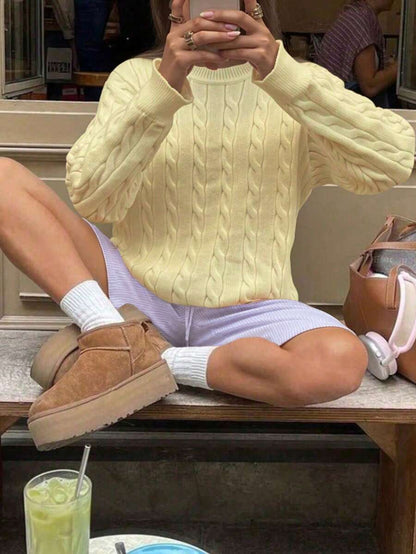 Marlowe Chunky Cable Knit Sweater Loose Crew Neck Pullover - Butter Yellow