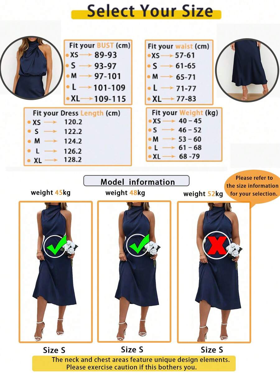 Women's Satin Cowl Neck Halter Midi Dress, Lined Silky Dress for Wedding Guest and Evening - Black