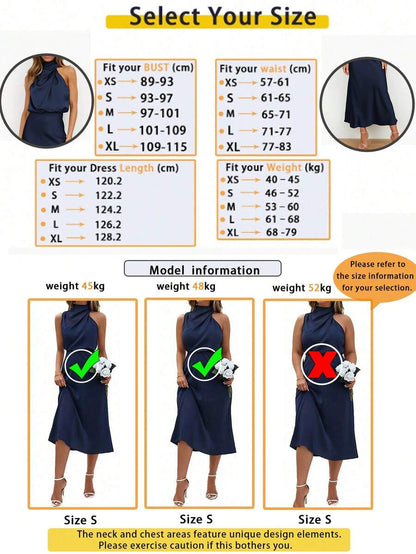 Women's Satin Cowl Neck Halter Midi Dress, Lined Silky Dress for Wedding Guest and Evening - Black