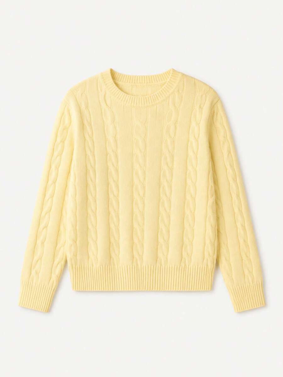 Marlowe Chunky Cable Knit Sweater Loose Crew Neck Pullover - Butter Yellow