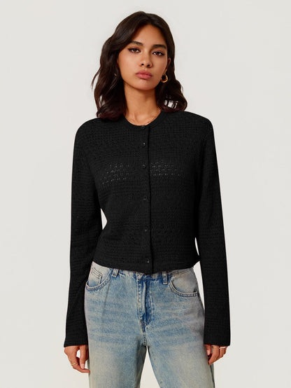 Elowen Round Neck Cropped Cardigan - Black