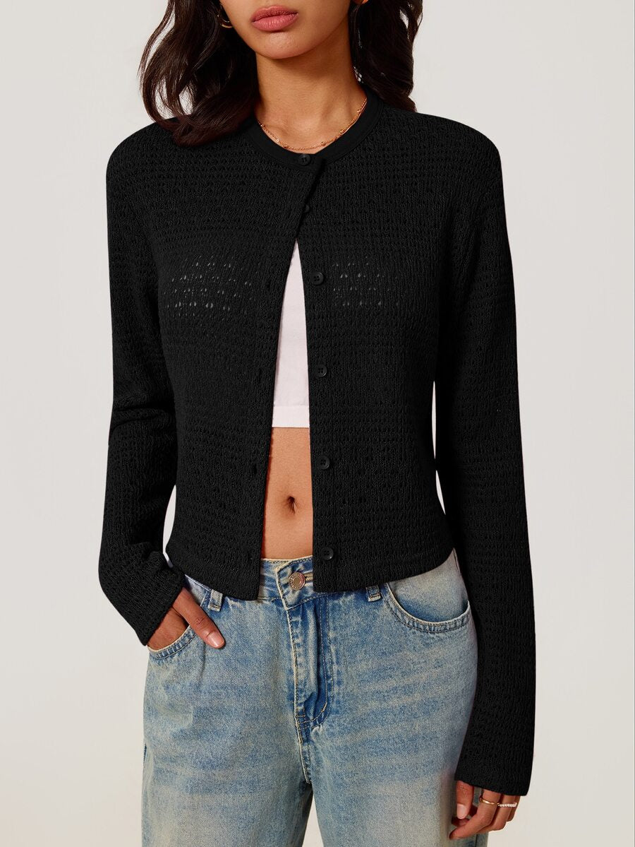 Elowen Round Neck Cropped Cardigan - Black