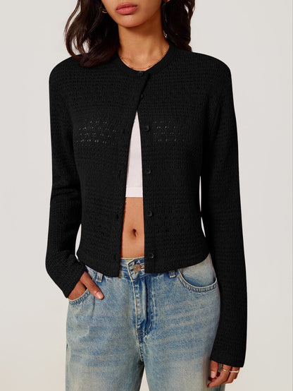 Elowen Round Neck Cropped Cardigan - Black