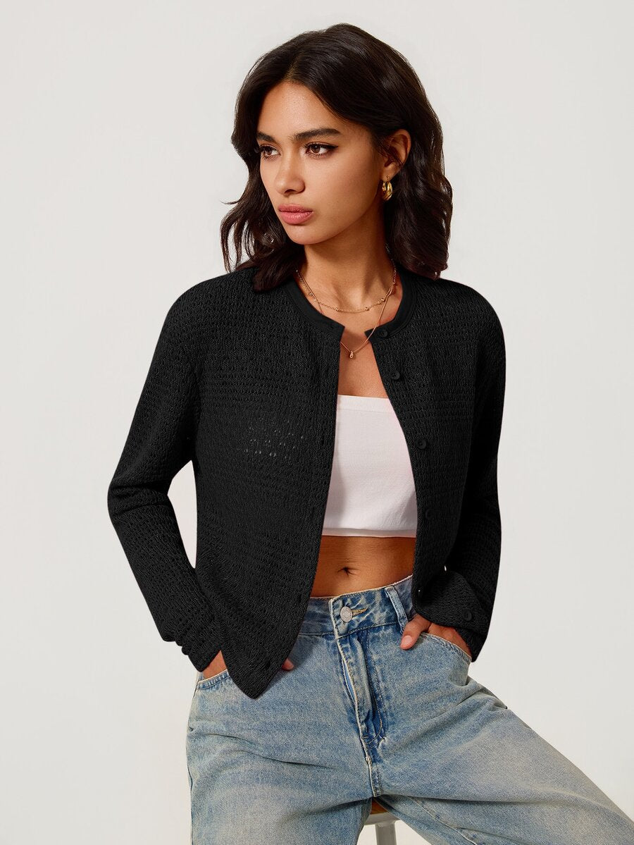 Elowen Round Neck Cropped Cardigan - Black