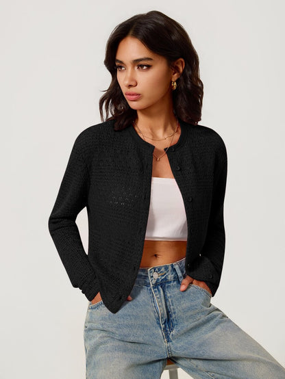 Elowen Round Neck Cropped Cardigan - Black