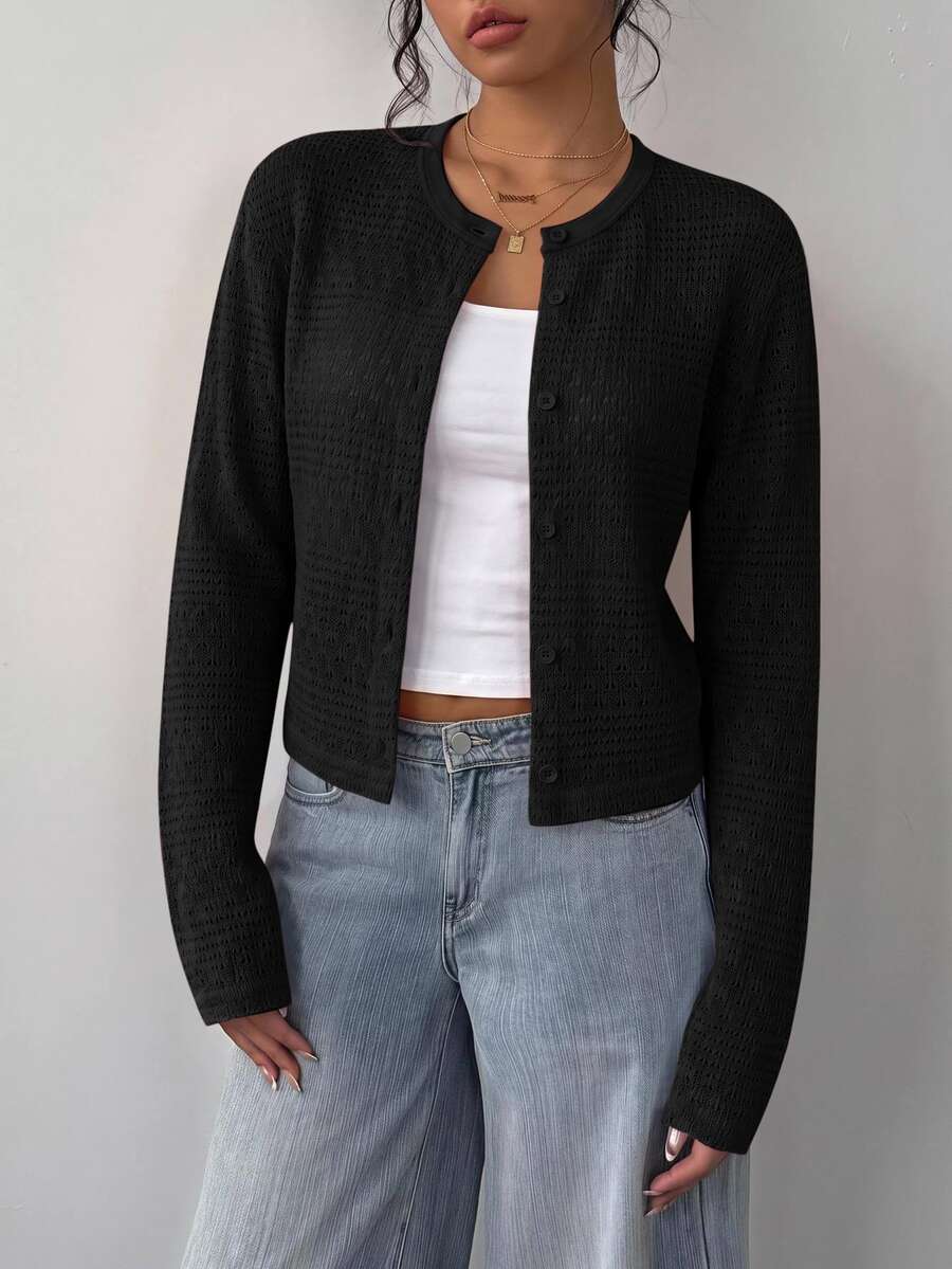 Elowen Round Neck Cropped Cardigan - Black