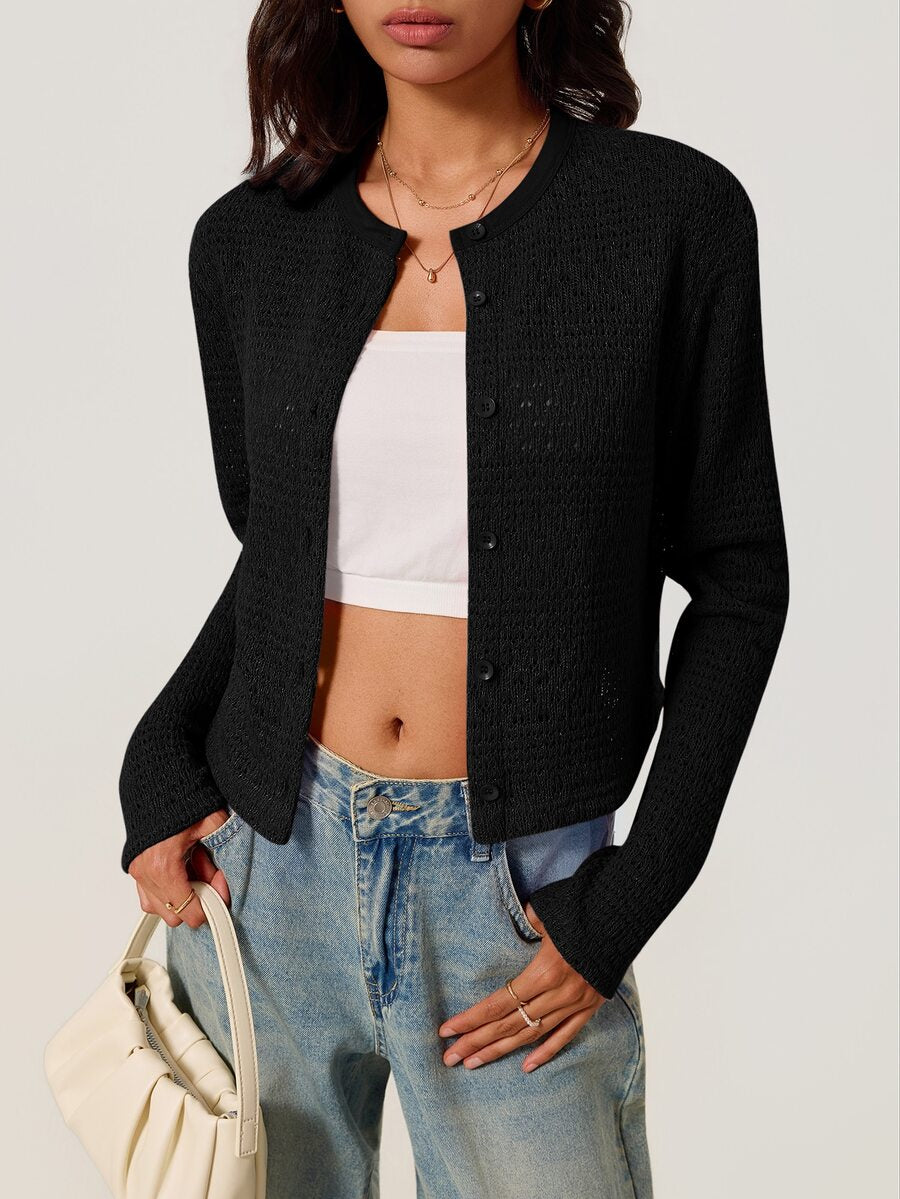 Elowen Round Neck Cropped Cardigan - Black