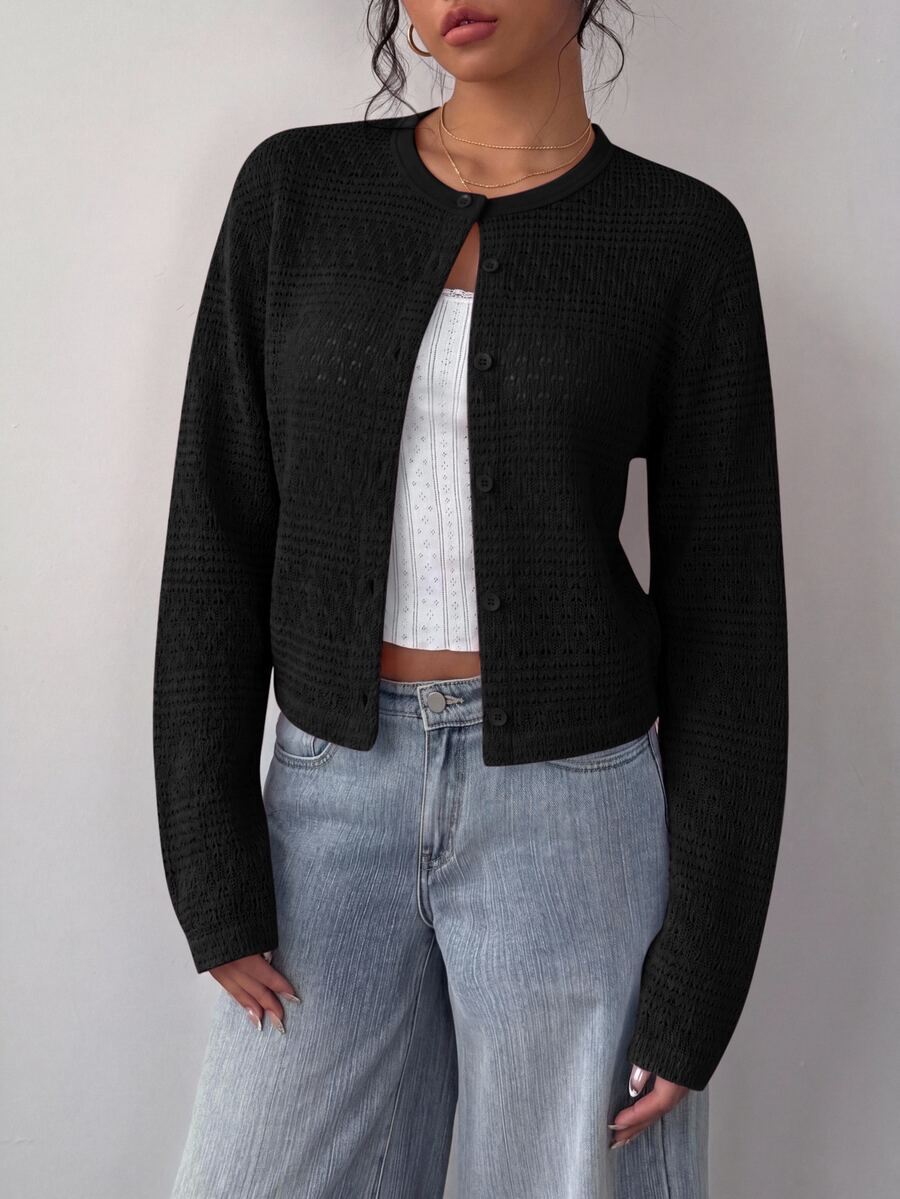 Elowen Round Neck Cropped Cardigan - Black