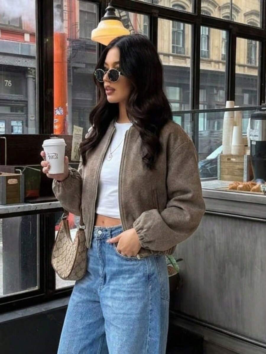 Lillehammer Wool Look Zip Up Cropped Bomber Jacket
