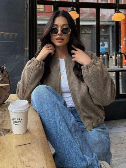 Lillehammer Wool Look Zip Up Cropped Bomber Jacket - Camel