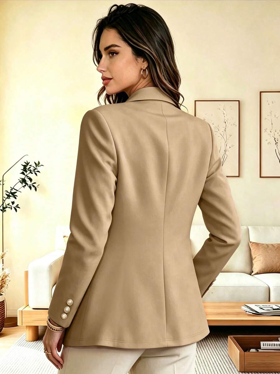 Eugenie Open Front Lapel Collar Stretch Knit Blazer - Khaki