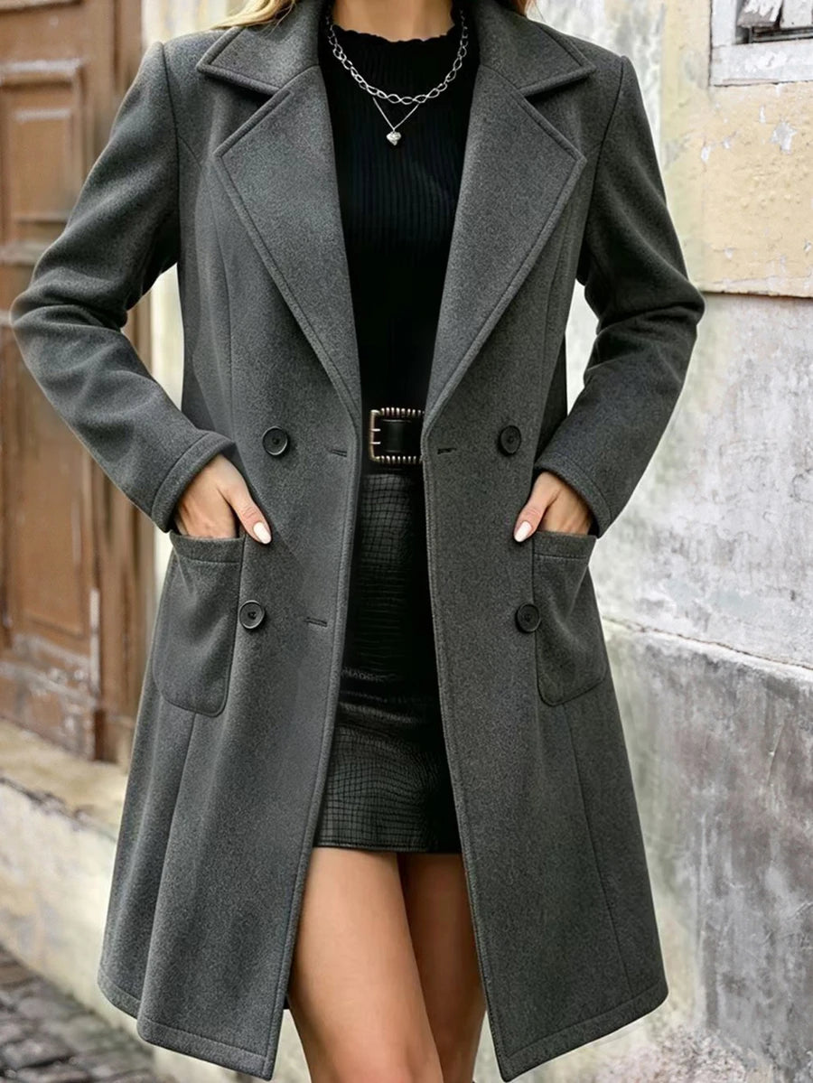 Charlotte Notched Lapel Double-Breasted Tailored Midi Coat - Grey