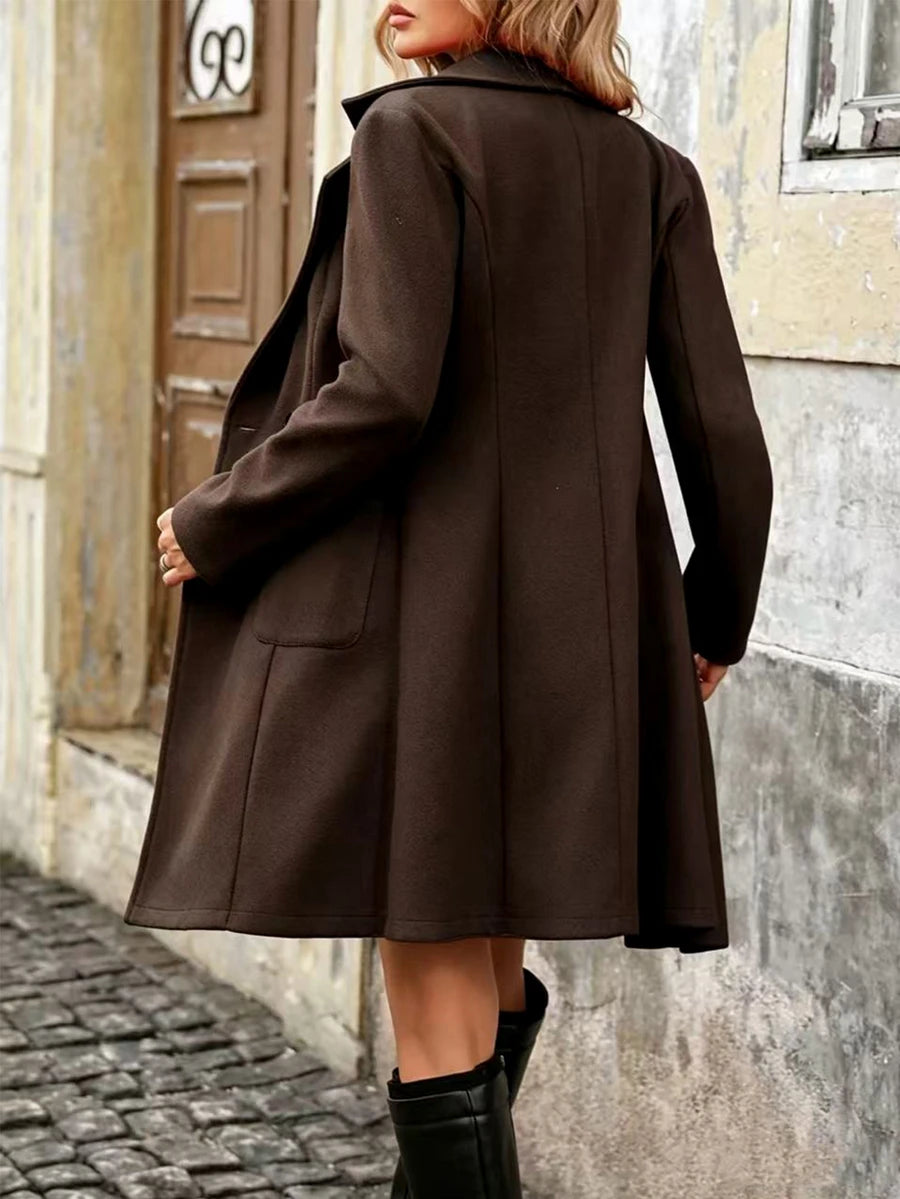 Charlotte Notched Lapel Double-Breasted Tailored Midi Coat - Coffee Brown