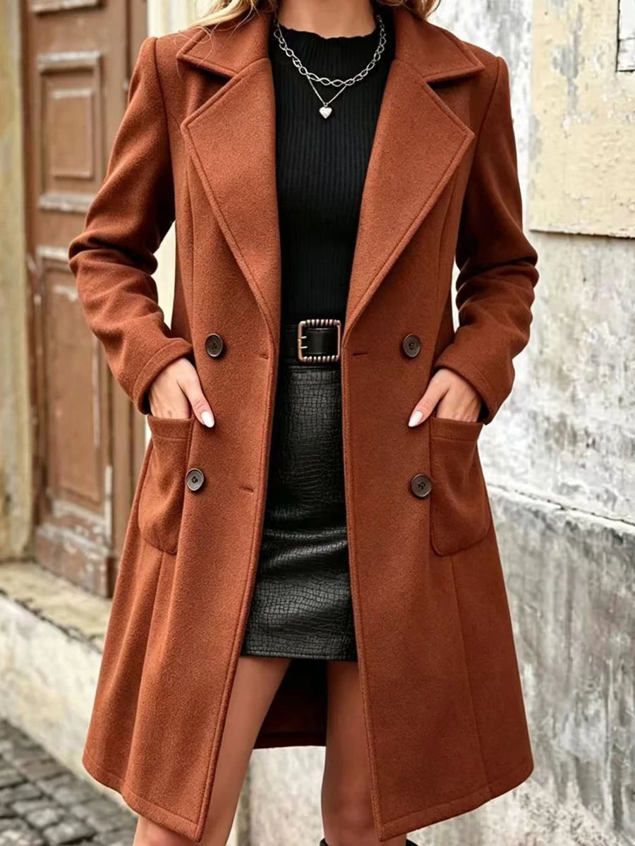 Charlotte Notched Lapel Double-Breasted Tailored Midi Coat - Orange