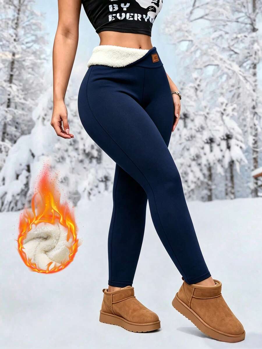 Signe High Waisted Fleece Lined Leggings Full Length Thermal - Navy