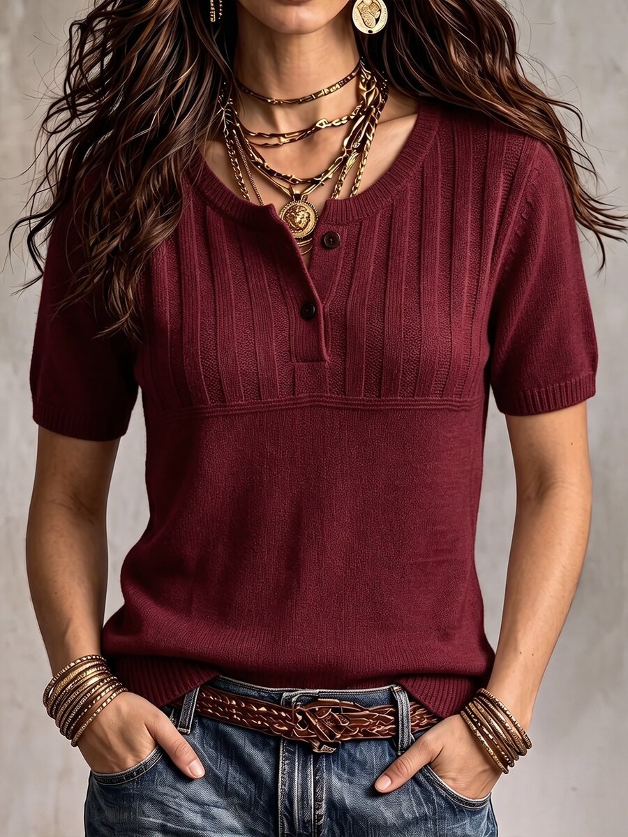 Marielle Textured Knit Half-Button Short Sleeve Sweater Top - Burgundy