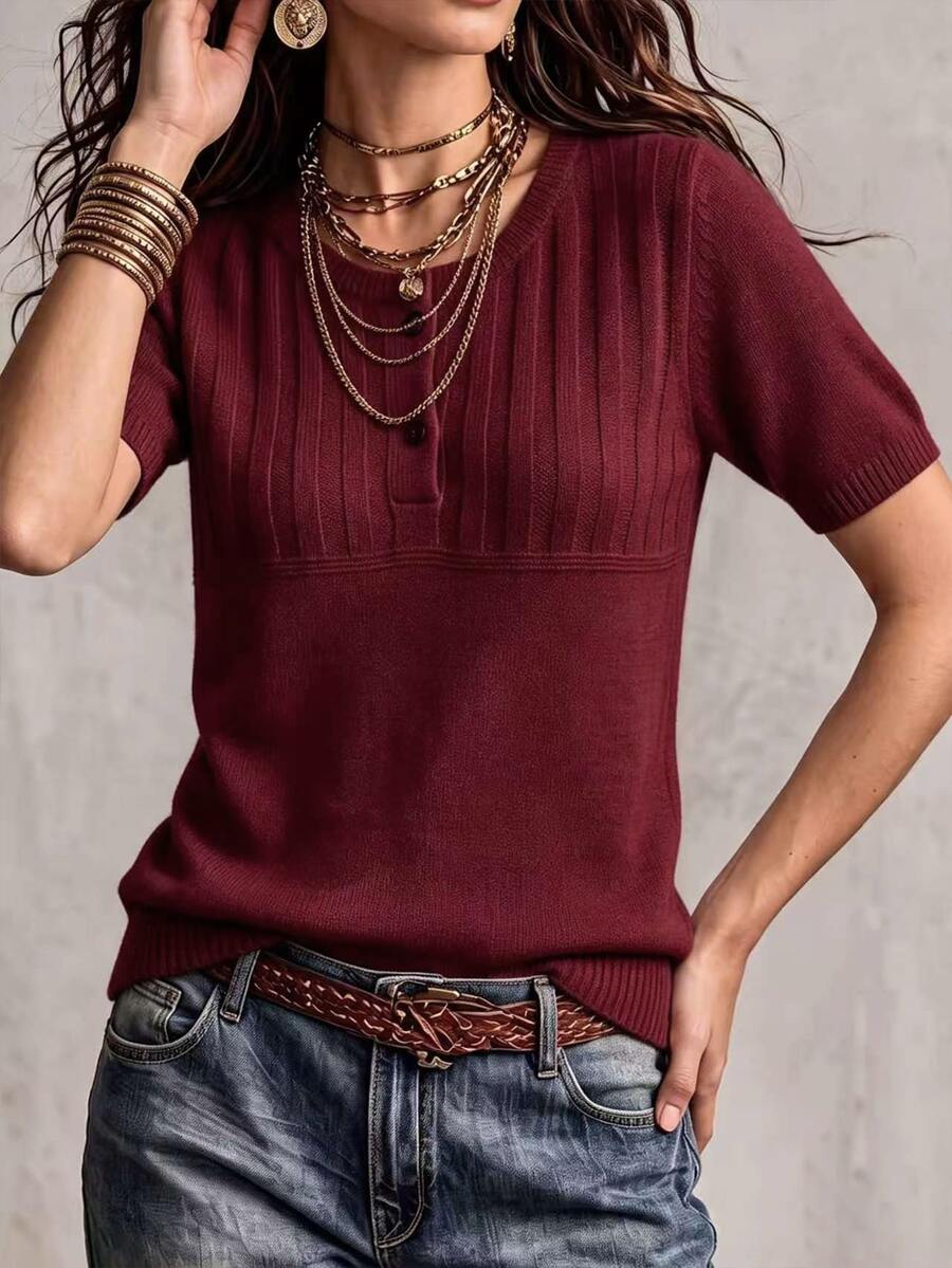Marielle Textured Knit Half-Button Short Sleeve Sweater Top - Burgundy