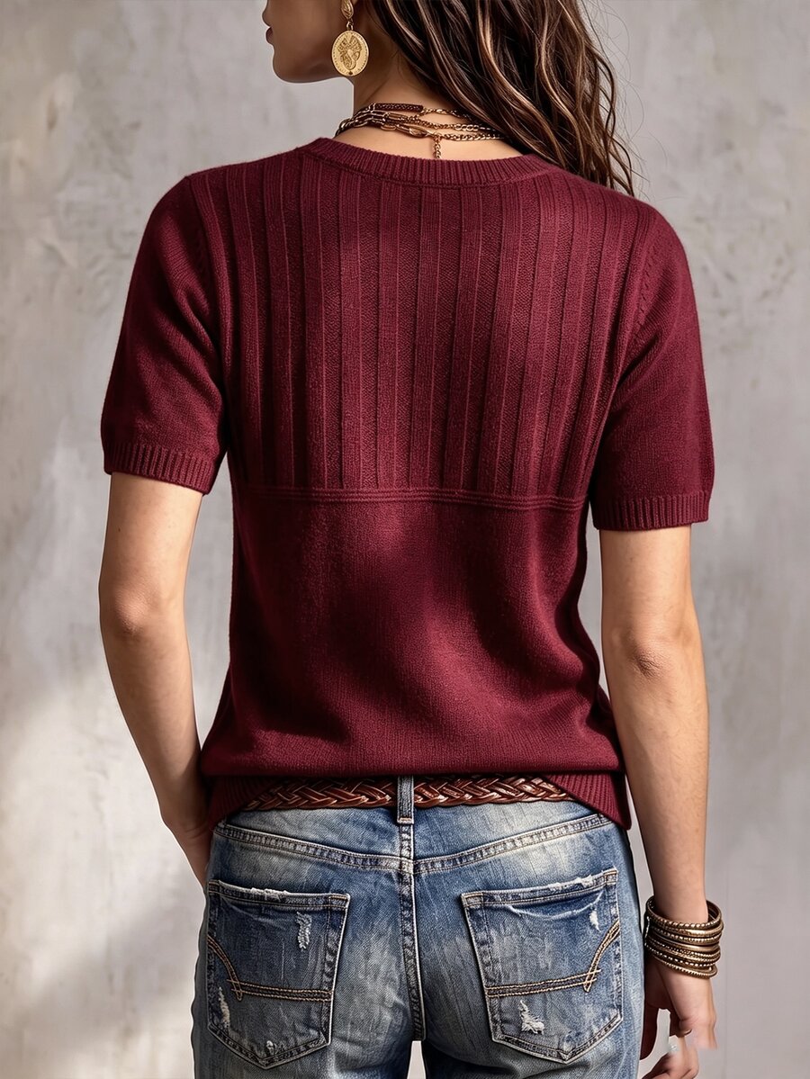 Marielle Textured Knit Half-Button Short Sleeve Sweater Top - Burgundy