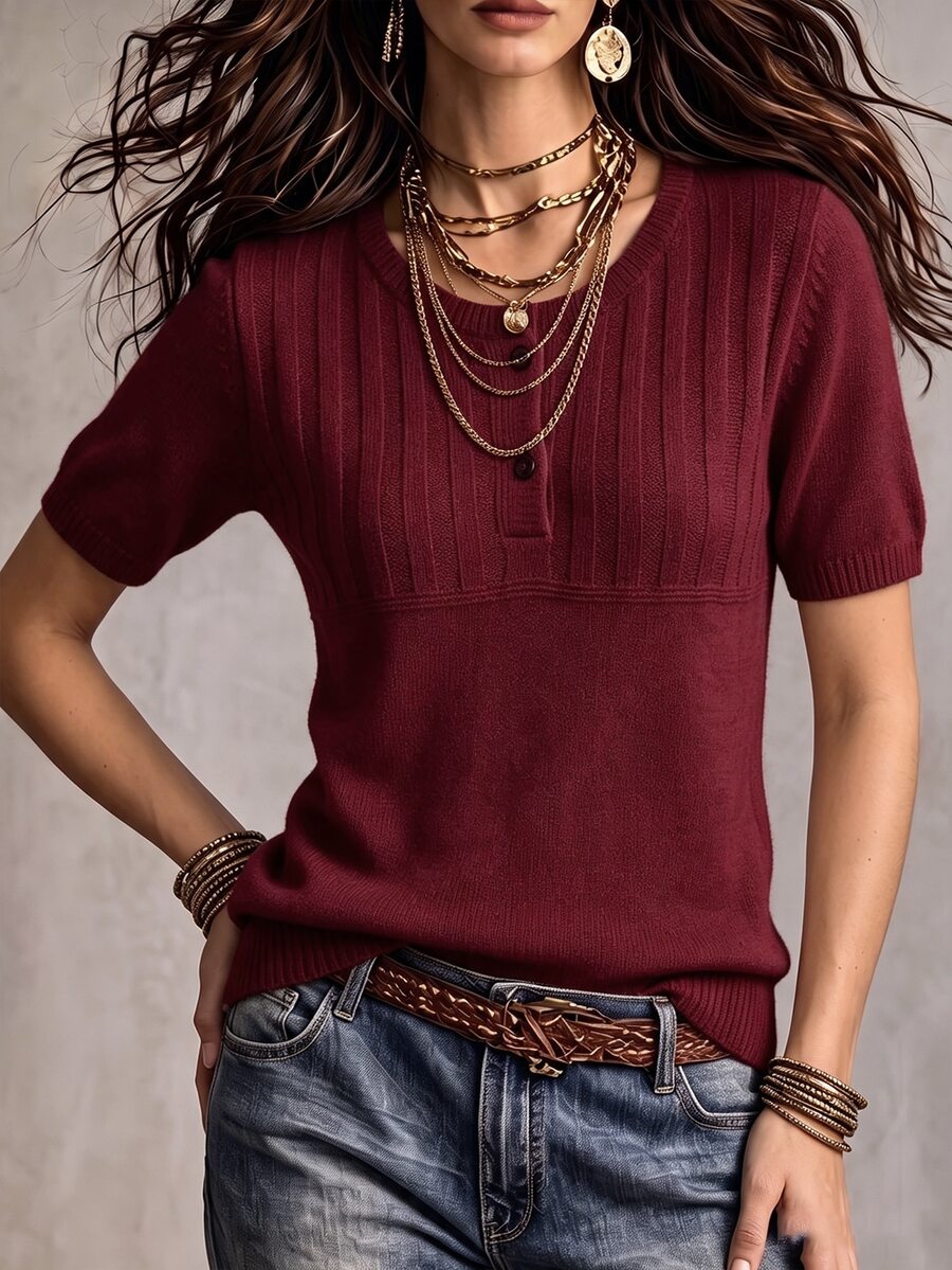 Marielle Textured Knit Half-Button Short Sleeve Sweater Top - Burgundy